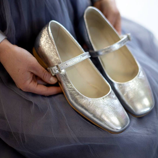 Women Mary Jane Silver Leather Flats Arch Strap Customizable