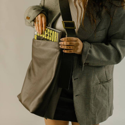 Handmade Gray Grainy Leather Tote Bag with Wide Shoulder Strap