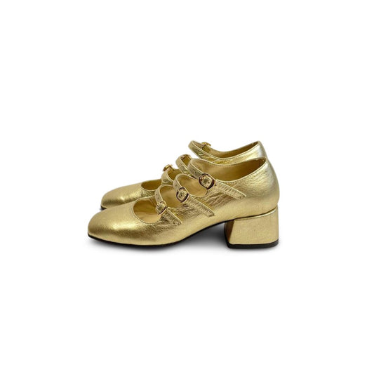 Gold Leather Mary Jane Block Heels Three Buckled Straps