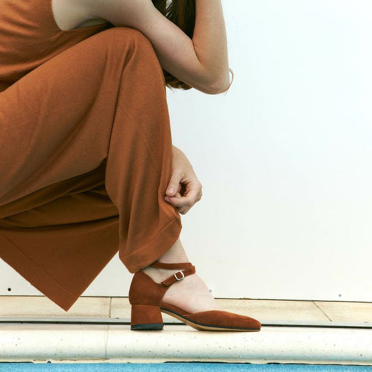 Mary Jane Pumps Brown Suede Cross Ankle Strap