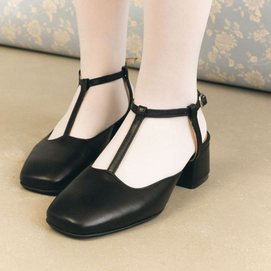 Mary Jane Sandals T Strap Low Black leather Heels