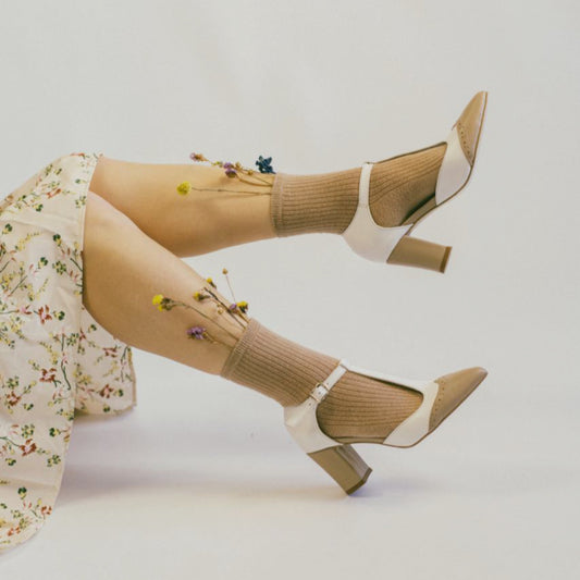 Mary Jane Pointed Toe Pumps With T Strap Closure Beige & White