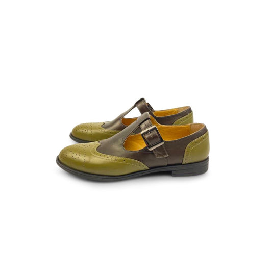 T Strap Heeled Mary Jane Shoe Two Toned Leather
